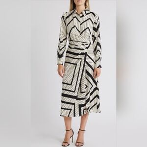 ZOE AND CLAIRE Stripe Wrap Waiist Long Sleeve Midi Shirtdress, Size S